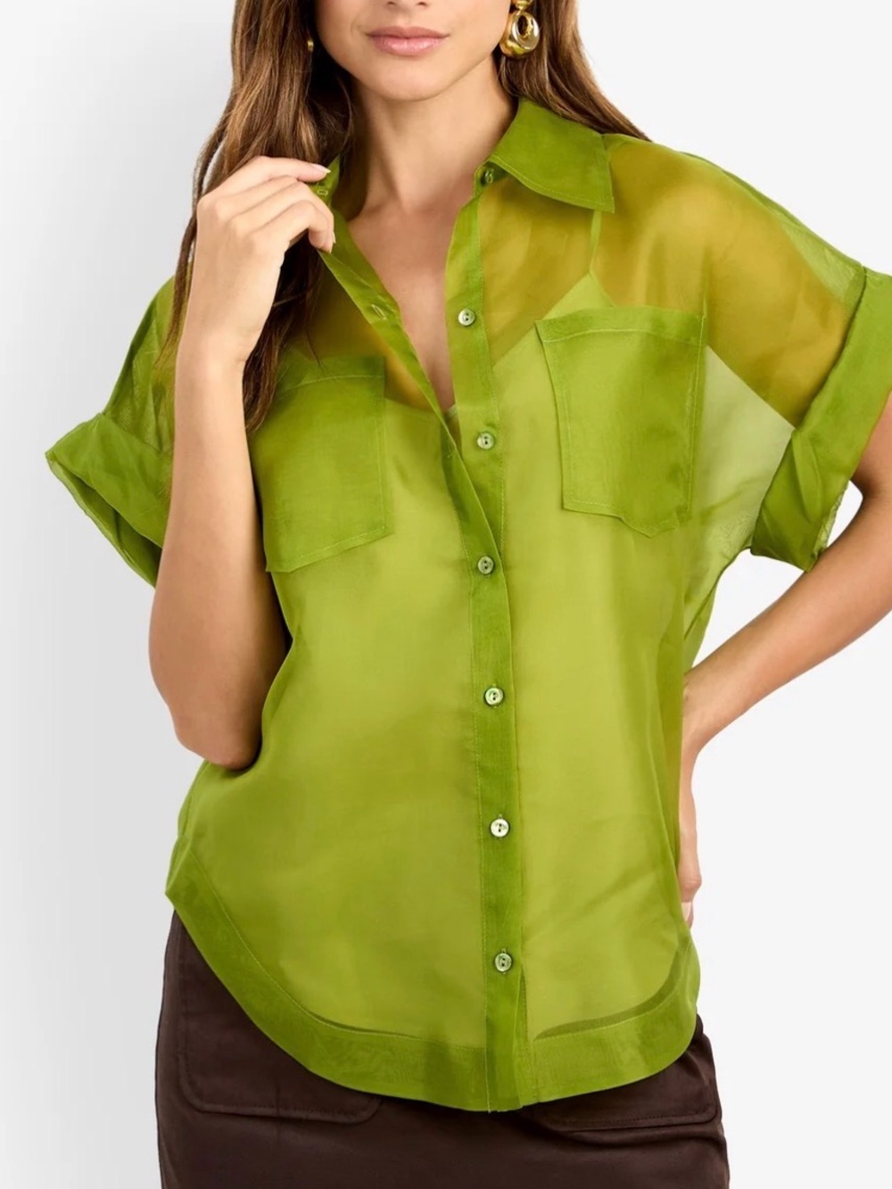 NWT Trina Turk Sheer Costanzo Short-Sleeve Button-Down Shirt in Dark Fennel